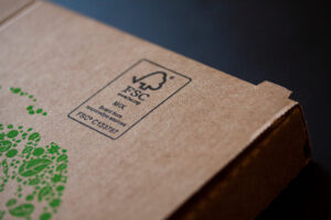 FSC logo printed on sustainable, compostable cardboard pizza box - demonstrating sustainable printing