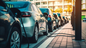 The year ahead in sustainability - a row of electric cars being charged