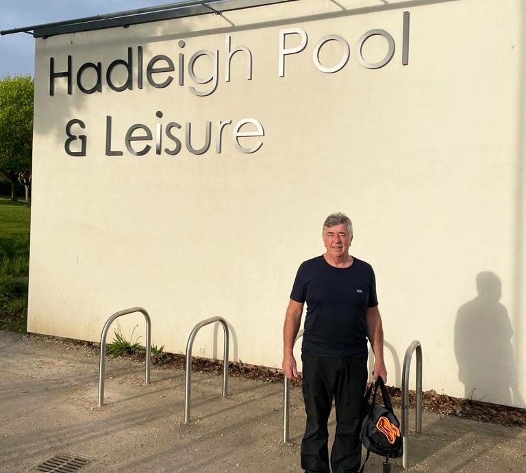 Richard Pearce standing in front of the Hadleigh pool and leisure ready to do his English Channel Swim challenge.