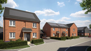 Property marketing example - a CGI of five new homes on a bright, sunny day