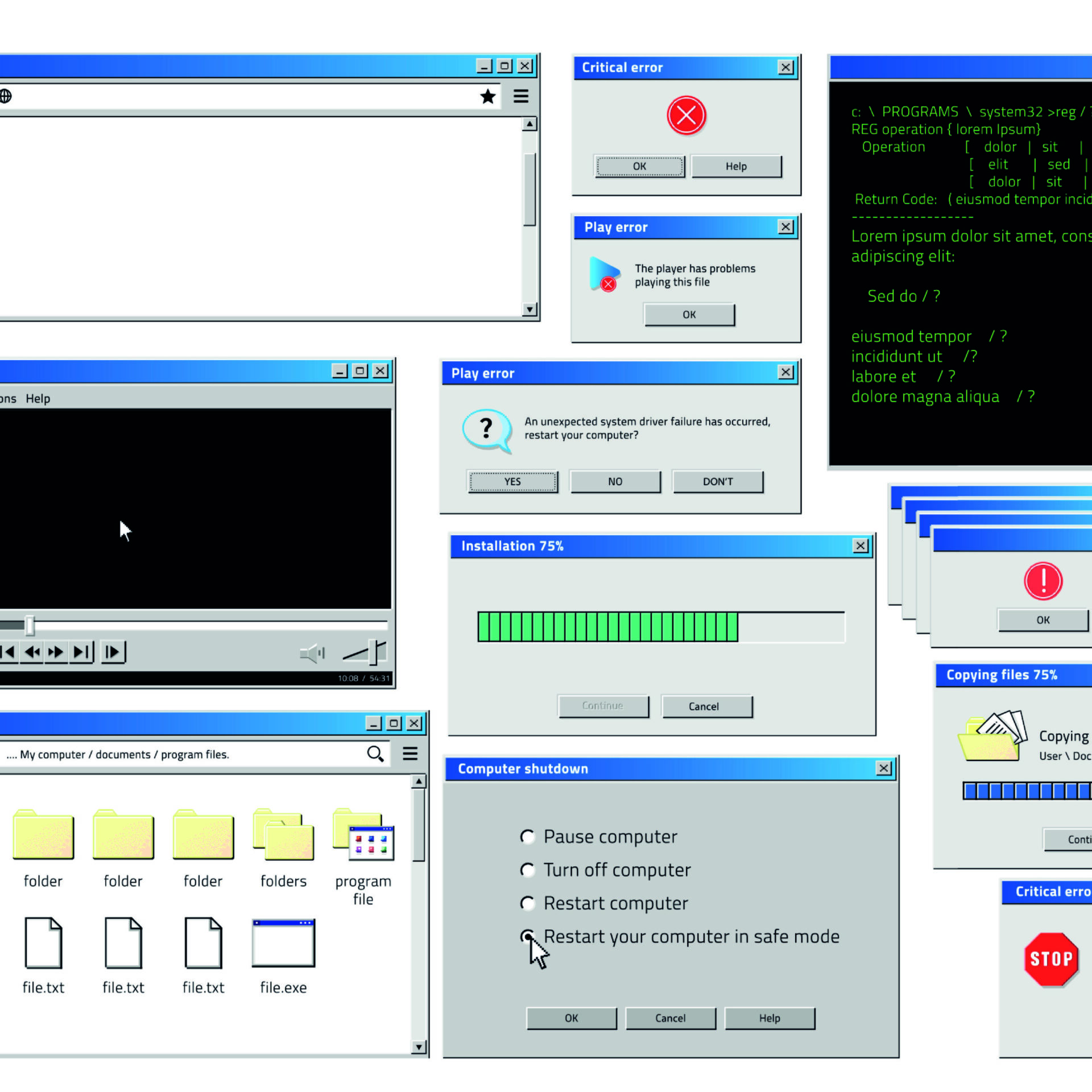 Old Microsoft Windows pop-ups and messages, showing the changes in web development from then until now