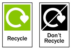 Recycle and Don't Recycle symbols for UK recycling