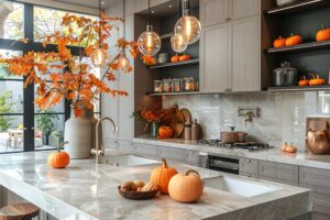 A modern kitchen with autumnal decor